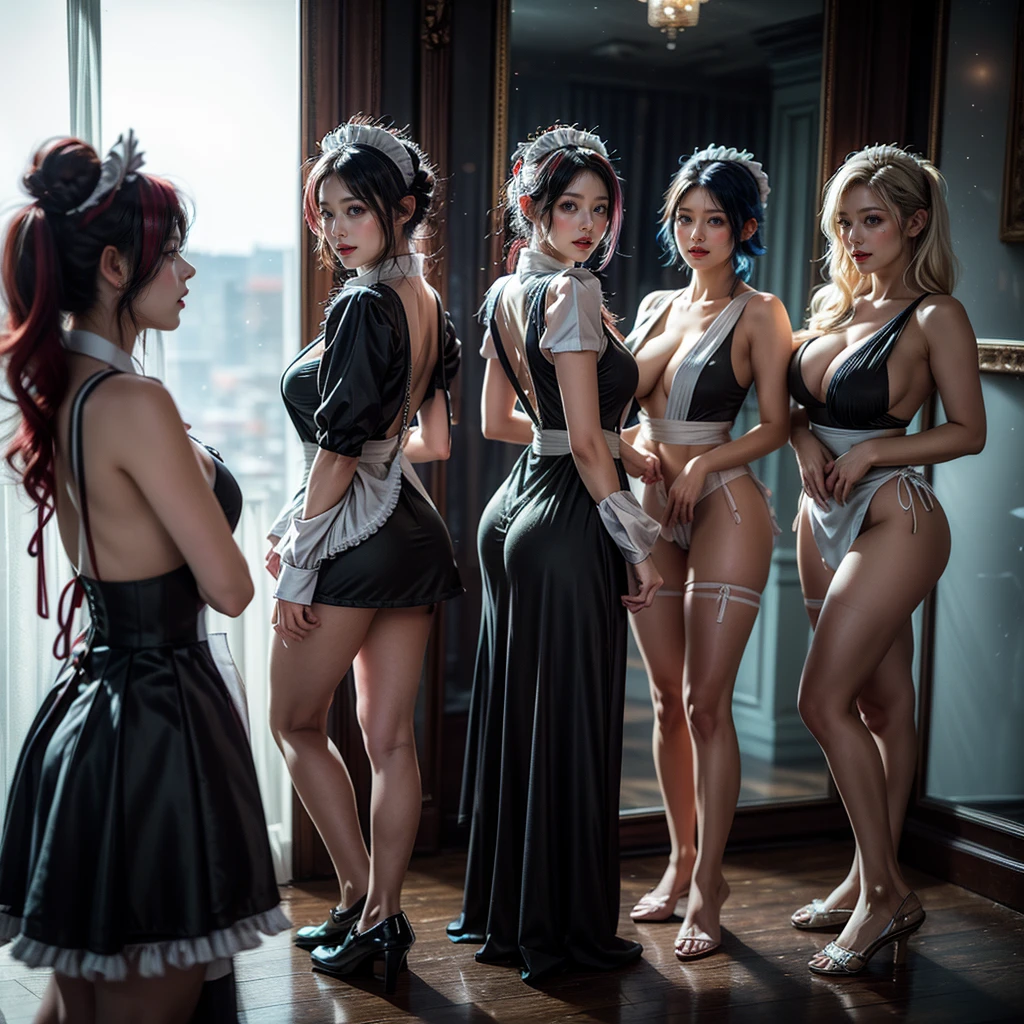 (Full Body of Extremely Detailed((Sexy Maid Group in a row:1.37))), KAWAII perfect face, Reflective Eyes, Detailed(Delicate Clothing textures), Correct Leg Line, Dynamic Joyful Expressions LifeLike Rendering, Specular Reflection, TopQuality 8K Ultra-detailed masterpiece (ProfessionalPhoto:1.37), (Acutance:0.8), (Luminism:1.28), (Renaissance art style), Colorful Light particles, ((Full body from side)), {MicroMini Skirt|Kissing|Breast Lifting|Undressing|Thigh Gap|AssFocus|(NakedApron with Overflowing SideBoob)}, Radiant Fine Skin with Transparency, (Exposed:0.4), (Different types of Anime hair color){Pink Hair|Blue Hair|Platinum Blonde|Pure White Hair|Liquid Hair}, Perfect Lighting 