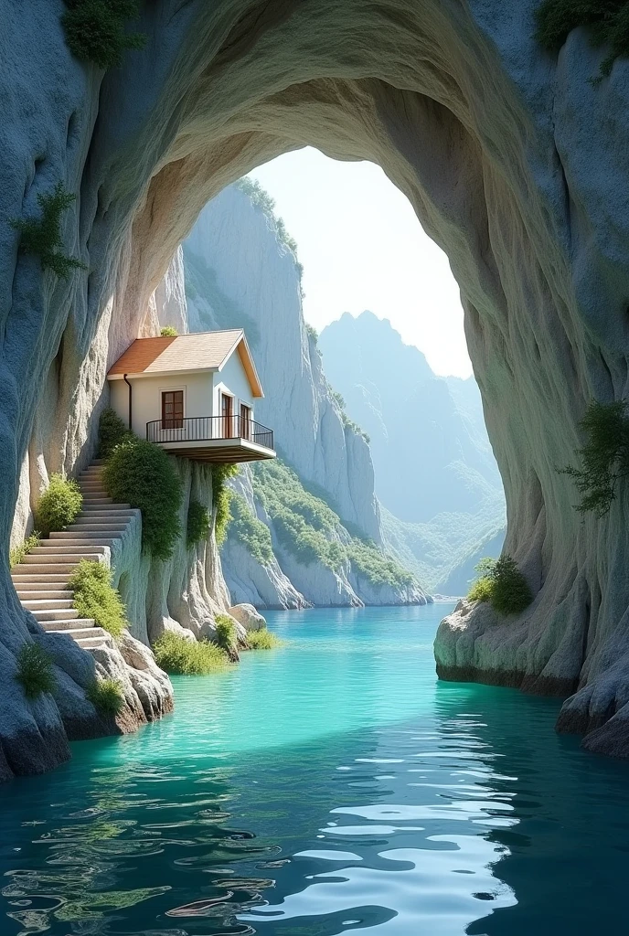 The image shows a beautiful cave-like structure with a white house inside. The cave is located on a rocky cliff overlooking a body of water, which is a beautiful turquoise color. The house is built on top of the cliff, with a balcony and a balcony railing on the second floor. The balcony is surrounded by greenery and there are stairs leading up to the entrance of the cave. The water is calm and clear, reflecting the sky and the surrounding landscape. The overall atmosphere of the image is peaceful and serene.4k realistic 