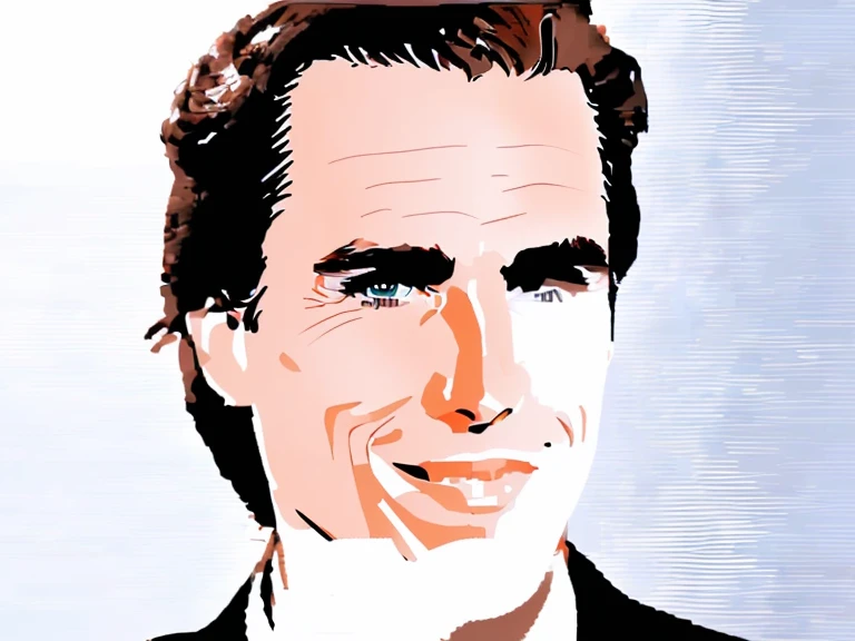 t-shirt designer, stylized modern vector art, (white background), vector, design, (a close-up of a man in a suit making a face), Patrick Bateman), in American Psycho (1 9 9 9),, ,,(Christian Bale), (smug smile).(minimalist),.few details,colors (black and white).
