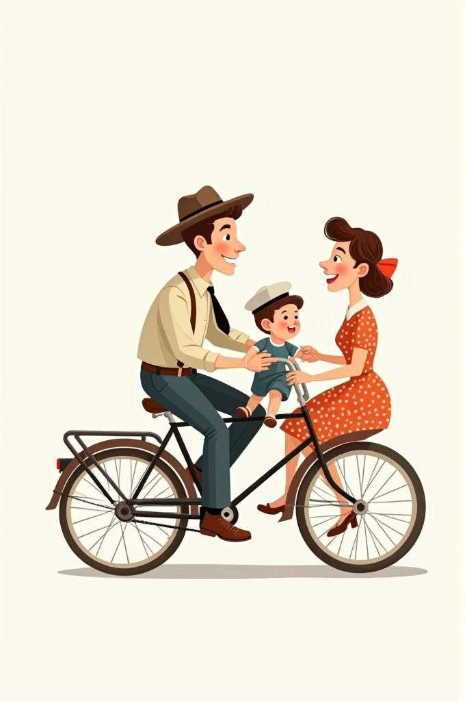 Imagine a drawing in the style of the 50s, with soft colors and simple lines. The married couple is on an old two-seater bicycle. the man, thin and a wide-brimmed hat, He wears a jacket with suspenders and a tie. The woman, with a polka dot dress and a bow in her hair, She is sitting on the back of the bike, smiling. Among them, in a special seat, there is your little son, with a sailor cap and a cheerful expression. The white background.