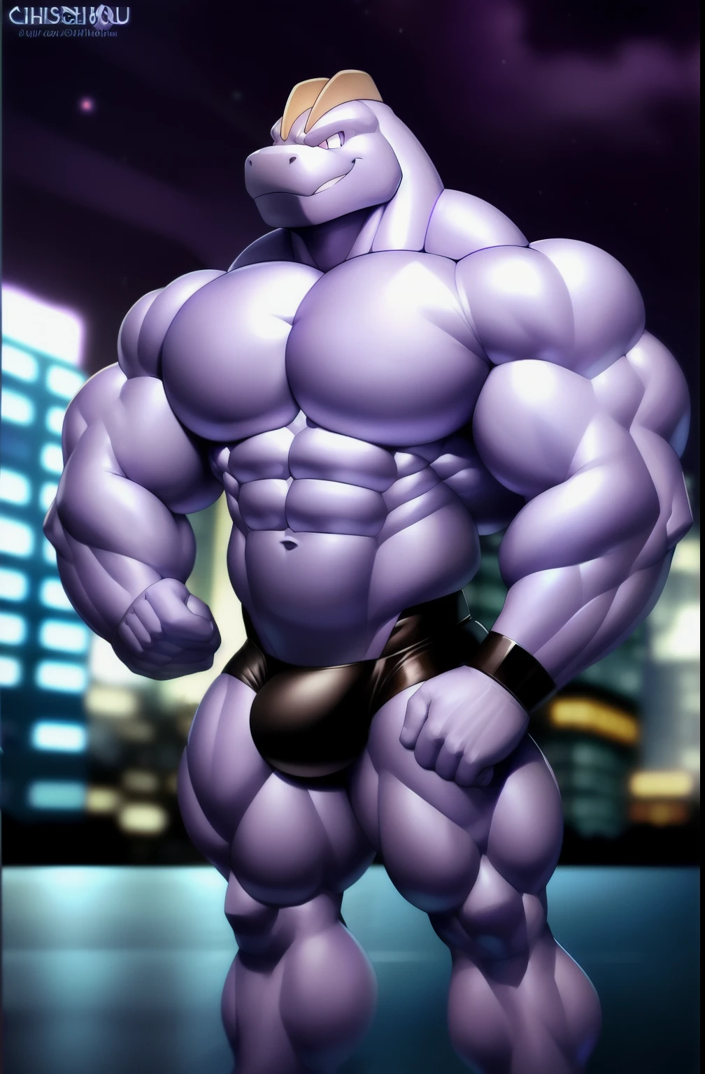City background, skyscraper, futuristic city, night, stars, night lights, Machoke, mischievous smile, Gigachad, super hero, hero, bodysuit, chiseled abs, chiseled pecs. (((A hero suit is black and purple))), uploaded on e621, explicit content, 3d, cute sexy, muscular, hioshiru, male, solo, machoke, three quarter portrait, closeup, standing, huge muscles. massive muscles, huge pecs, chiseled abs, huge pectorals, exaggeratedly huge muscles. massive body, ((really big muscle, massive muscular, sixpack, thick arms, wide pectoral, super huge muscle, hyper muscular, over sized muscle, huge arms, big arms, huge pectoral))
