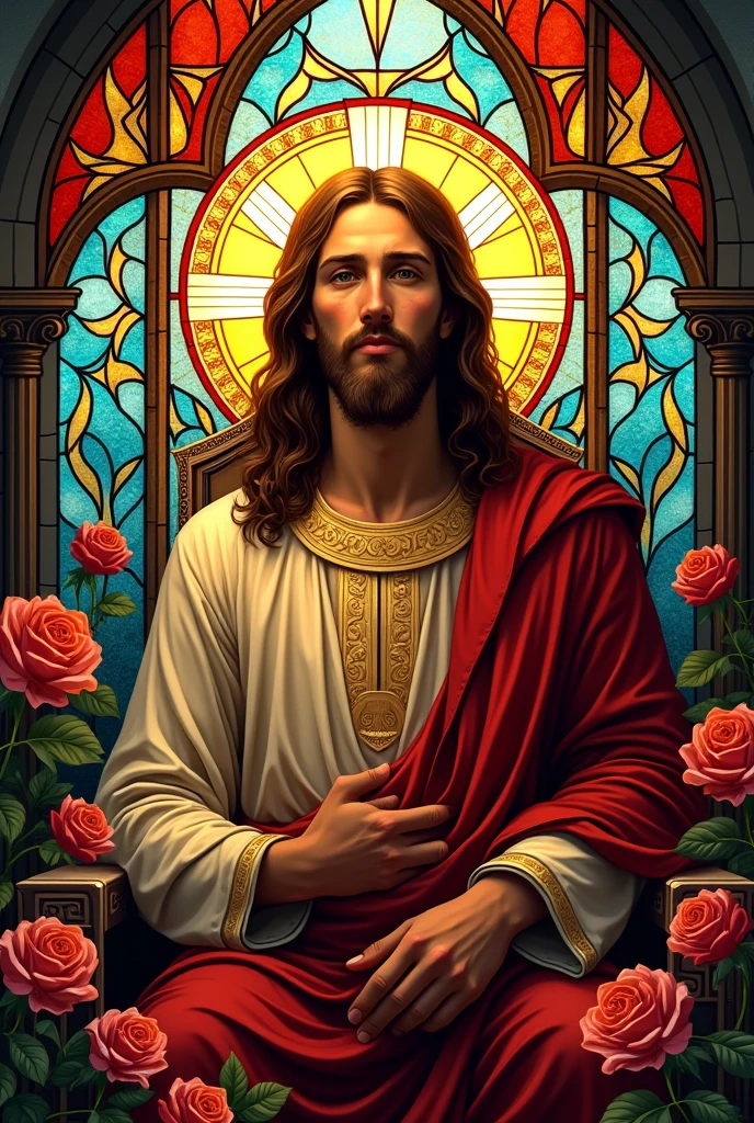 Jesus Christ, depicted in the traditional Byzantium art style, sits enthroned amidst a resplendent backdrop of intricately designed stained glass, bursting with vibrant, kaleidoscopic colors that refract and scatter light, as if emanating from the divine figure itself. Delicate, curved lines and ornate details adorn the stained glass, evoking an atmosphere of reverence and mysticism. Roses, symbolizing divine love and spiritual growth, surround Jesus, their soft, velvety petals unfolding like lotus flowers around the holy figure. Christ's gentle, compassionate face, with its subtle, enigmatic smile, radiates an aura of serenity, his skin a warm, golden brown. The stained glass artwork, a masterpiece of Byzantine craftsmanship, shines with an otherworldly light, as if the very essence of the divine has been infused into the artwork, bathing the composition in an ethereal glow.