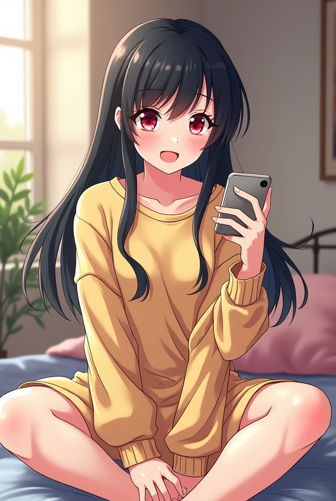 A young anime Girl with black hair and red pupils，Wearing cartoon informal dress , Sitting on bed, talking on mobile phone call ,