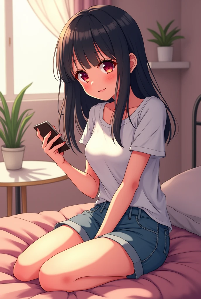 A young anime Girl with black hair and red pupils,Wearing cartoon informal dress , Sitting on bed, talking on mobile phone call ,