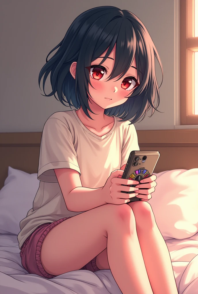 A young anime Girl with black hair and red pupils，Wearing cartoon informal dress , Sitting on bed, talking on mobile phone call ,