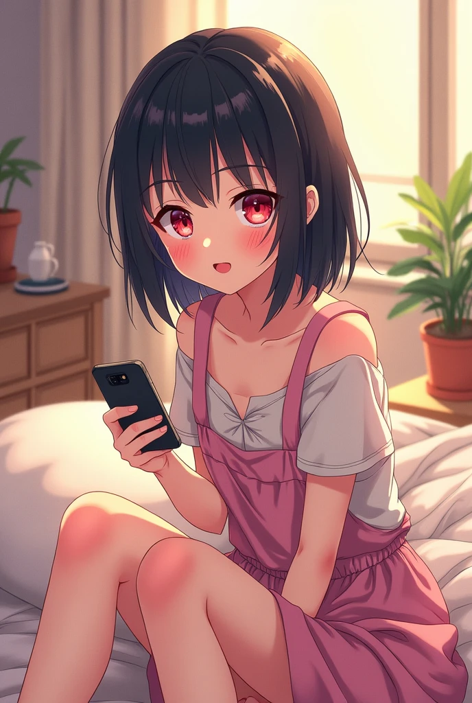 A anime Girl with black hair and red pupils,Wearing cartoon informal dress , Sitting on bed, talking on mobile phone call ,
