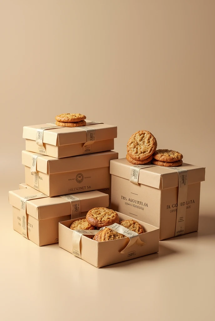 (photorealism:1.2), Show boxes with good packaging and packing WITH TAPE AROUND THE BOXES FOR TRANSPORT and with instructions on how to handle the box. But these boxes should have the company name "DELICIAS GOURMET SA" that makes whole grain cookies with nuts