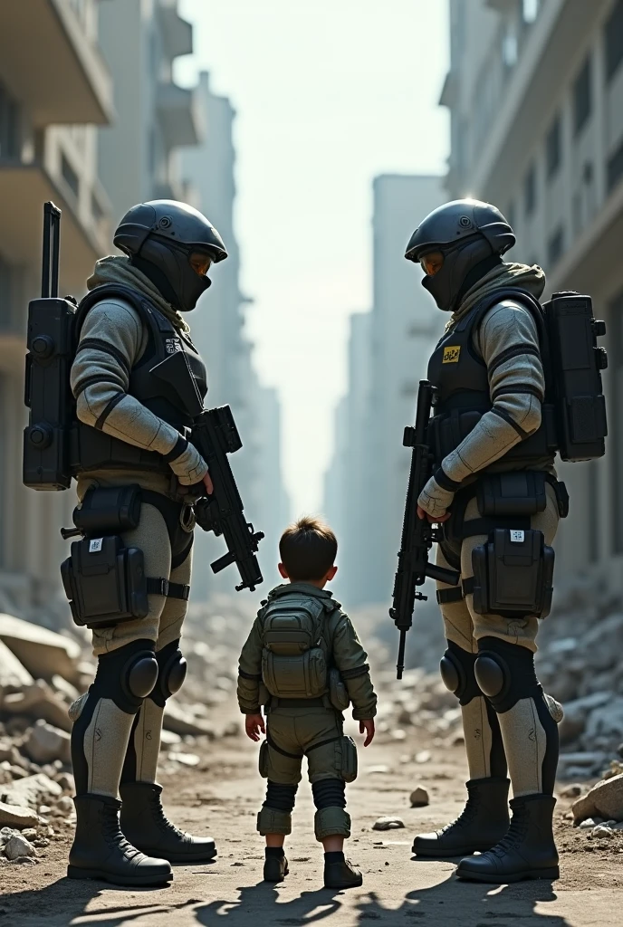 Two very well-equipped female soldiers pointing their weapons at a similarly well-equipped boy in an abandoned city.