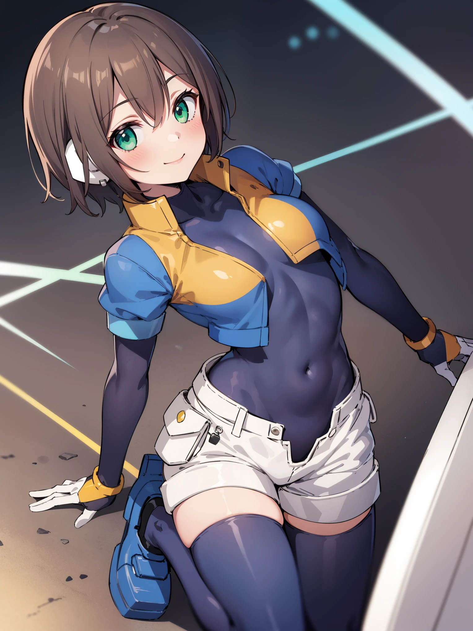 aile_megamanzx, kneeling with one hand on the ground and the other arm raised, 1girl, solo, short hair, brown hair, short sleeves, (bodysuit), robot ears, green eyes, short_shorts, short sleeves, short over long sleeves, smile, in futuristic city, , high quality, medium_breasts,crotch, slouch