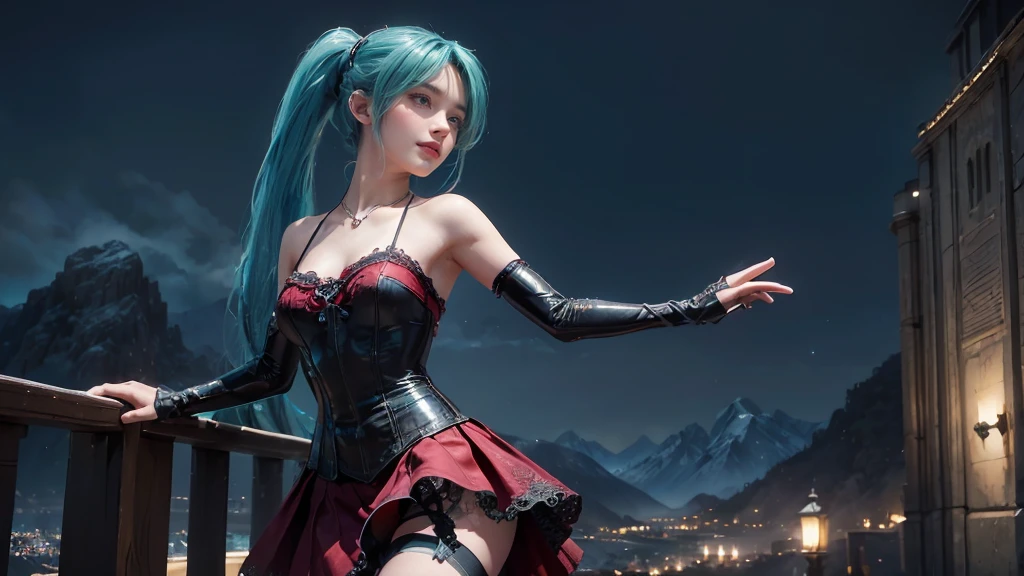 masterpiece,Game Art,Best picture quality,Maximum resolution,8k,(Upper Body,ambush),Unreal Engine 5 rendering works,Ray Tracing,RAW photos,(((Hatsune Miku Character))), (((Tosca Hair Color))), ((Long double ponytail hairstyle)), Enjoy the scenery, Focus on the Horizon, (((Perfect eyes))), (((Smile))), 21-year-old girl, Perfect body, (((Perfect anatomical structure))), Tosca Eye Color, Double eyelids, (((Small breasts))), Very detailed skin texture, (Realistic skin), Ultra-fine face, Delicate lips, (((Delicate eyes))), (((Double eyelids))), necklace, Moist skin, Wet hair, Simple background, (Front focus), (On the peaks:1.6), (((Night Atmosphere))), Deep Dark, Surrealist Portraits of Women by David Hockney and Alphonse Mucha, Fantasy Art, (((Photo-realistic))), ((Dynamic poses)), (((World Model Poses))), Dynamic Lighting, Art Station, poster, Volumetric Lighting, Very detailed faces, 4K, in the darkness, (((Night Atmosphere))), ((Deep Shadows)), Low profile, Cowboy shooting, (((Red long skirt))), Lighting Dress, (((Erotic lace dress))), (((stocking))),((3D Unreal Engine)),OC rendering reflection mode