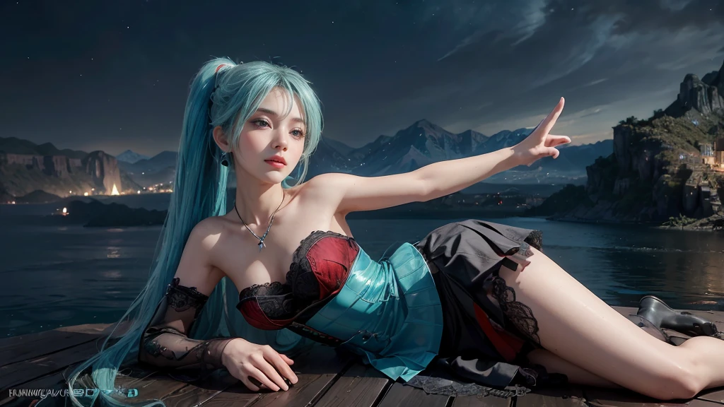 masterpiece,Game Art,Best picture quality,Maximum resolution,8k,(Upper Body,ambush),Unreal Engine 5 rendering works,Ray Tracing,RAW photos,(((Hatsune Miku Character))), (((Tosca Hair Color))), ((Long double ponytail hairstyle)), Enjoy the scenery, Focus on the Horizon, (((Perfect eyes))), (((Smile))), 21-year-old girl, Perfect body, (((Perfect anatomical structure))), Tosca Eye Color, Double eyelids, (((Small breasts))), Very detailed skin texture, (Realistic skin), Ultra-fine face, Delicate lips, (((Delicate eyes))), (((Double eyelids))), necklace, Moist skin, Wet hair, Simple background, (Front focus), (On the peaks:1.6), (((Night Atmosphere))), Deep Dark, Surrealist Portraits of Women by David Hockney and Alphonse Mucha, Fantasy Art, (((Photo-realistic))), ((Dynamic poses)), (((World Model Poses))), Dynamic Lighting, Art Station, poster, Volumetric Lighting, Very detailed faces, 4K, in the darkness, (((Night Atmosphere))), ((Deep Shadows)), Low profile, Cowboy shooting, (((Red long skirt))), Lighting Dress, (((Erotic lace dress))), (((stocking))),((3D Unreal Engine)),OC rendering reflection mode