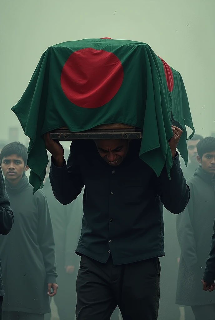 A man crying carrying a coffin with Bangladesh flags on the coffin , easily drawing outlines