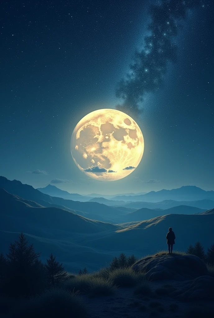 Create for me a full moon with a beautiful starry sky and a landscape under the moon, a larger moon.