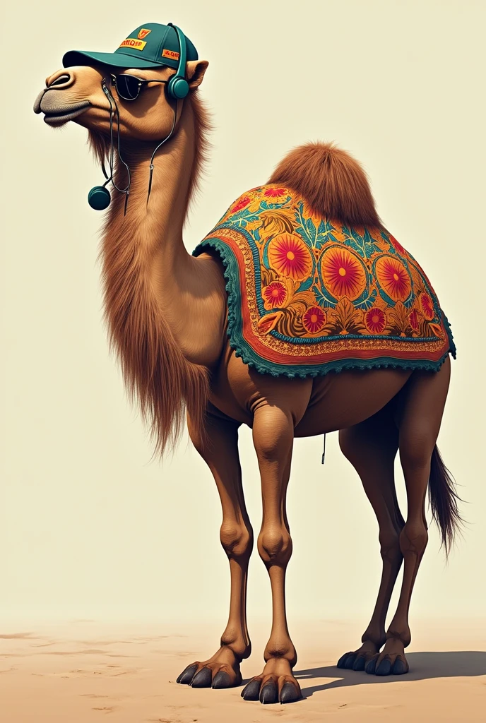 Profile view of a camel, fully body, wearing a cap, eyebrow piercing, sunglasses, earphone, brazilian blouse ,for coloring