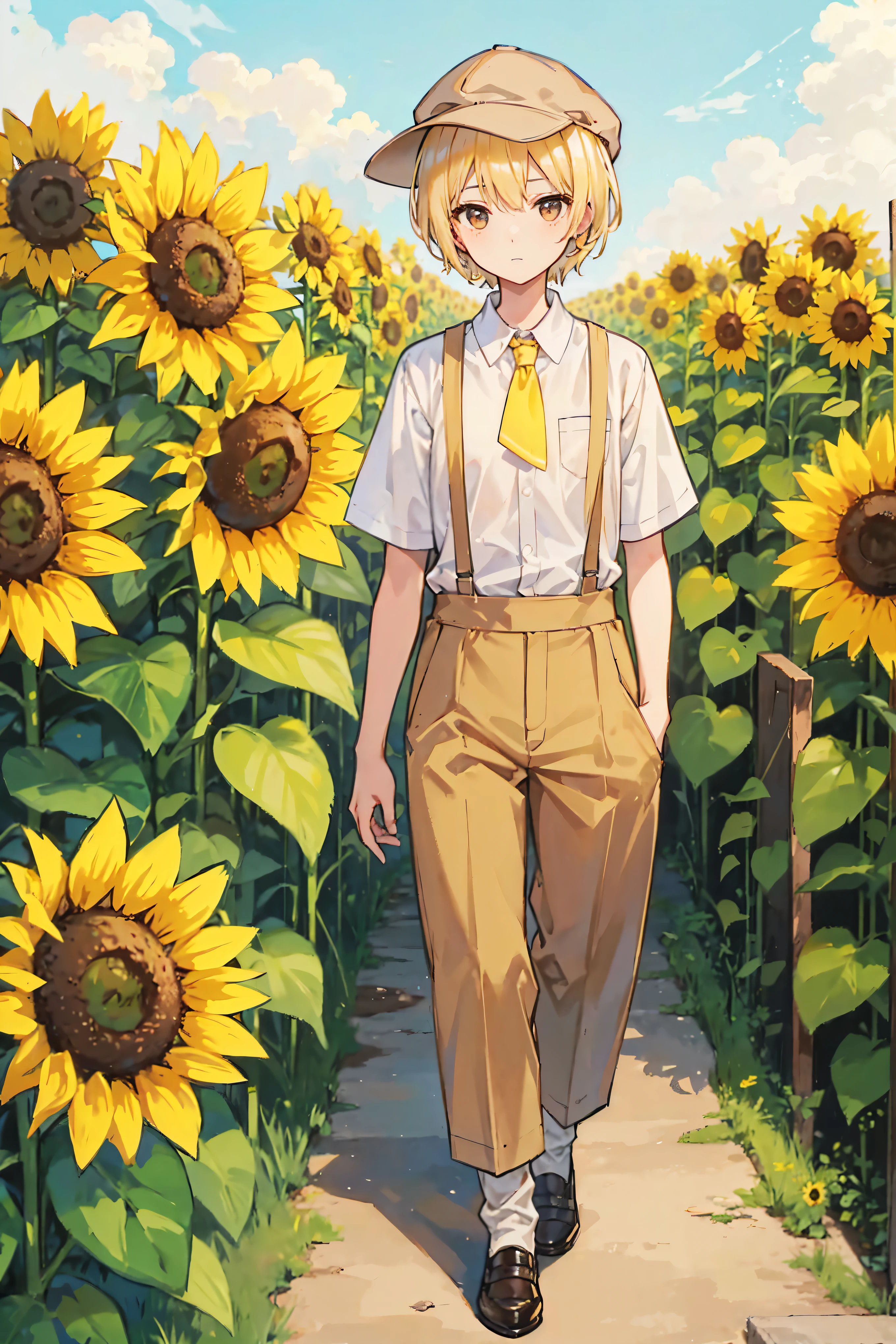 Walk through the sunflower field、With blonde short hair、Wearing a white short-sleeved shirt with brown suspenders and brown long pants.、Wearing a yellow tie、Wearing a brown newsboy cap、youth、