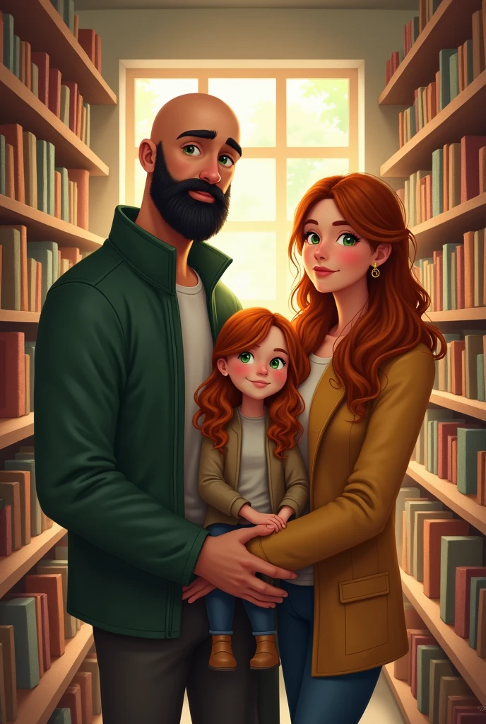 Family with the following characteristics:
Father: 39-year-old white man, 1.73m tall, bald, black beard and green eyes;
Mother: 38-year-old white woman, height 1.59m, green eyes with copper-brown hair, straight and without bangs, parted in the middle;
Daughter: 18 years old, white, height 1.53m, green eyes, blonde curly hair down to her shoulders:
2D illustration with bookstore background