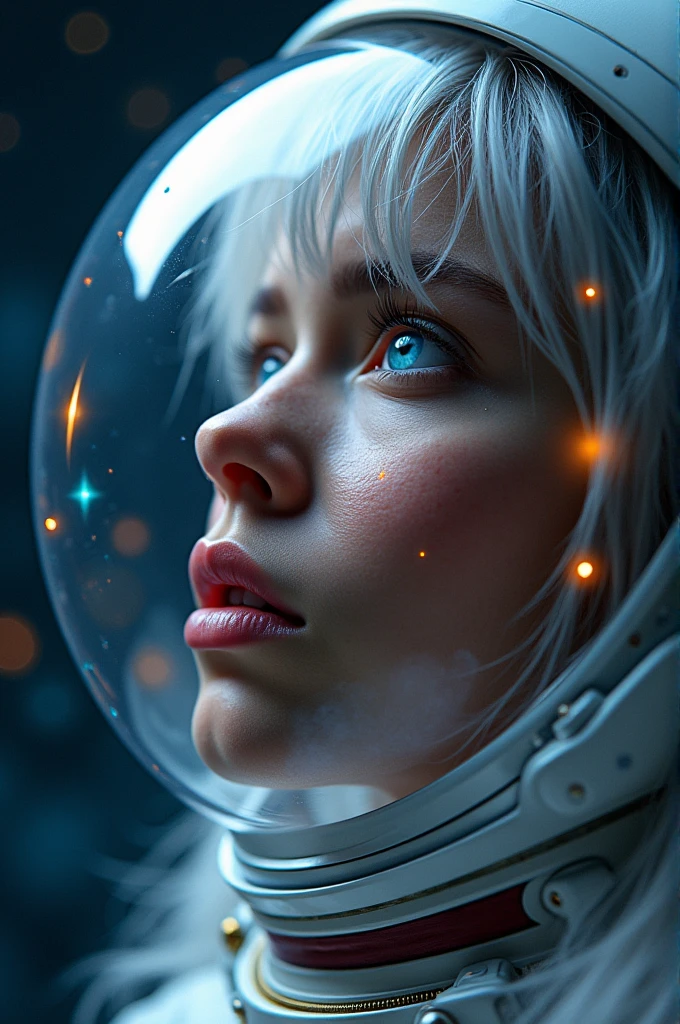 (Close-up of a better masterpiece:1.5)0.9], (Space and astronauts:1.2) (Messy silver hair:1.1) (Heterochromia xanthochromia and blue eyes:1.2) (Space Helmet:1.0) (Colored stars in the eyes:1.0) (A radiant glow:1.1) (thick lips:0.9)