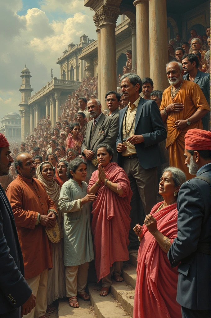The beauty of India, (crying the poor of India) Rich people laughing, leaders becoming rich too, Journalists licking the shoes of leaders, poor Indians crying