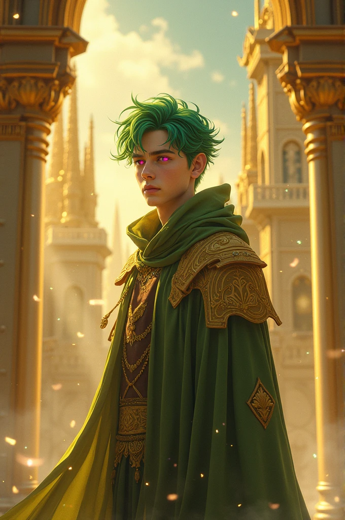 Male, twenties, pink eyes, green hair, powers being able to see future, golden kingdom