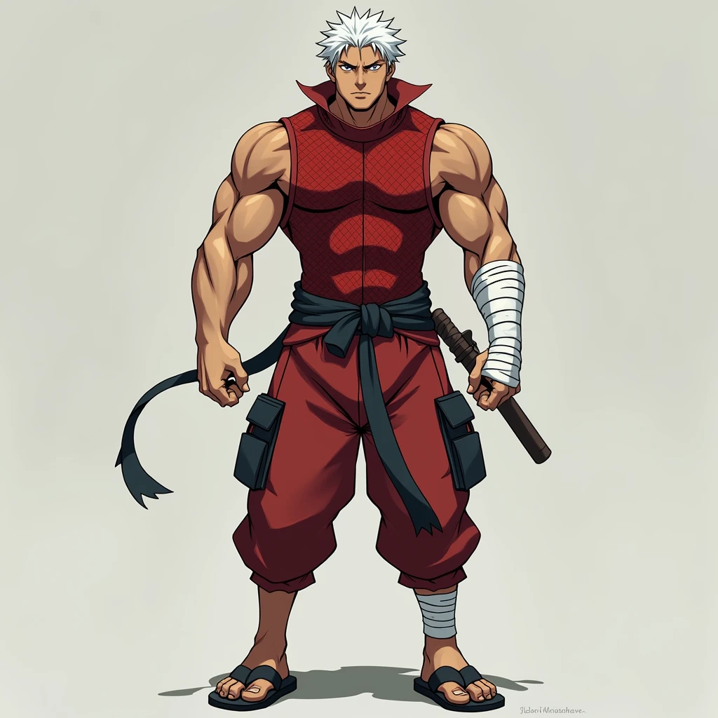 a dynamic illustration of Munashi Kurotani, a young yet physically imposing 15-year-old character standing at 203 cm with a muscular build. He has pure white hair and eyes. Munashi is dressed in a tight-fitting, deep red shirt made from special mesh fabric with a high collar and no sleeves, paired with matching red, slightly loose combat pants. He wears dark-colored ninja sandals. Over his shirt, he dons a rugged combat jacket. His right arm features a bandaged hands, while both legs have hip-pouches with additional bandages wrapped around them. Capture him in a reflective or intense training pose, emphasizing his immense physical strength. The overall mood should convey his formidable presence.