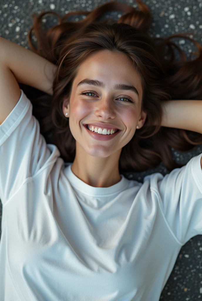 photorealistic portrait of a young woman with a warm smile, wearing a white big t-shirt, (lying on the street), The overall mood is modern and artistic, with a touch of elegance and creativity. The image should have balanced lighting and a realistic texture.