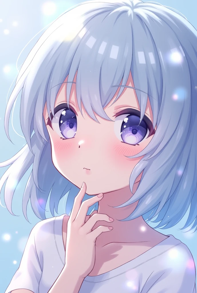 light lilac thinking anime eyes, hair light blue.