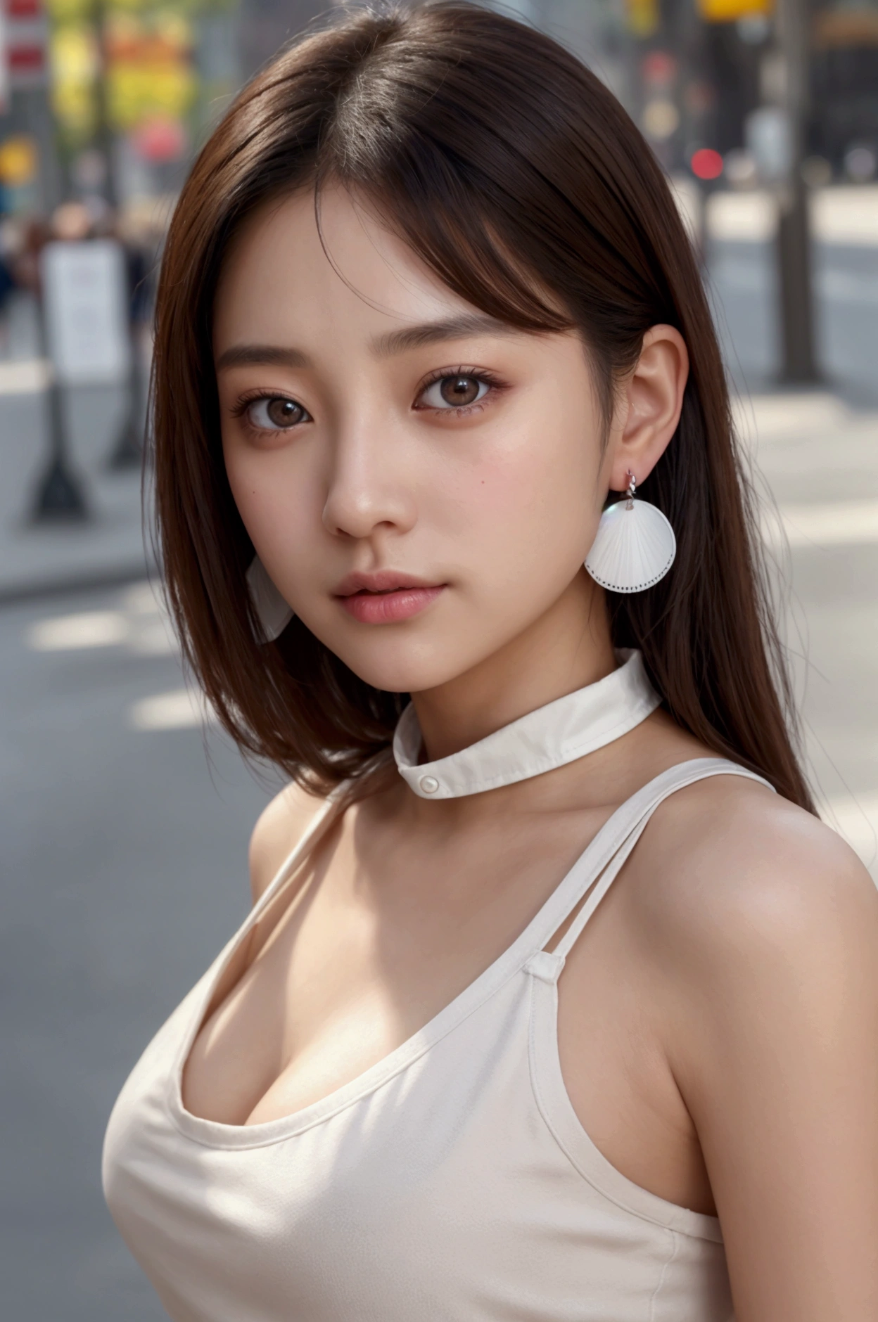 最high quality、masterpiece、High resolution、1 female、collar、joya、earrings、beautiful face、Body up、Tyndall effect、realist、rim light、Two tone lighting、(High resolutionスキン:1.2)、8k UHD、Digital SLR Cameras、Soft lighting、high quality、volumetric lighting、Photography、High resolution、4k、8k、brown hair woman、adult、small eyes、perfect mouth、Highly detailed eyes and mouth、Natural black eyes、Pure black hair color、Eggs、Caucasian skin color、White shirt and random color tank top、Hair quality and shine、Street、city、path、Congestion、