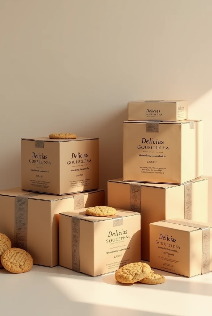 (photorealism:1.2), Show boxes with good packaging and packing WITH TAPE AROUND THE BOXES FOR TRANSPORT and with instructions on how to handle the box. But these boxes should have the company name "DELICIAS GOURMET SA" that makes whole grain cookies with nuts