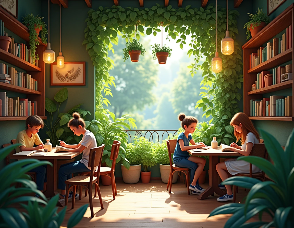 I want to create a cafe surrounded by greenery。color々a place where you can read books with potted plants.