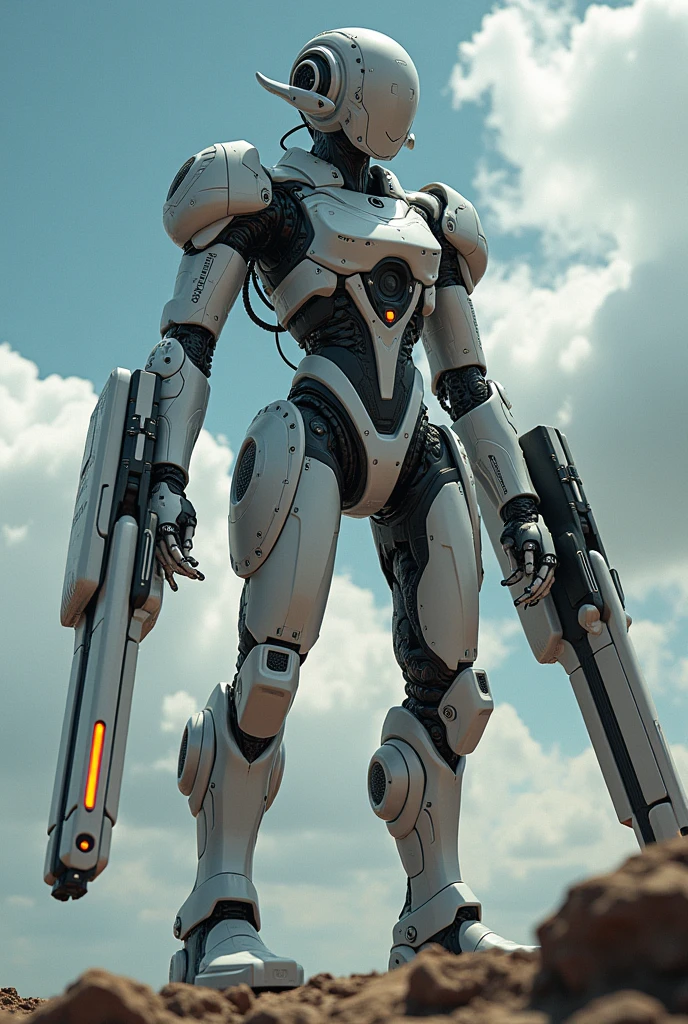 A cyborg girl in a cyberpunk mech suit, massive floating electromagnetic cannons at her sides, from below, sky, clouds, highly detailed, Impato, hyperrealistic, sci-fi, futuristic, intricate, complex, mechanical, glowing, 