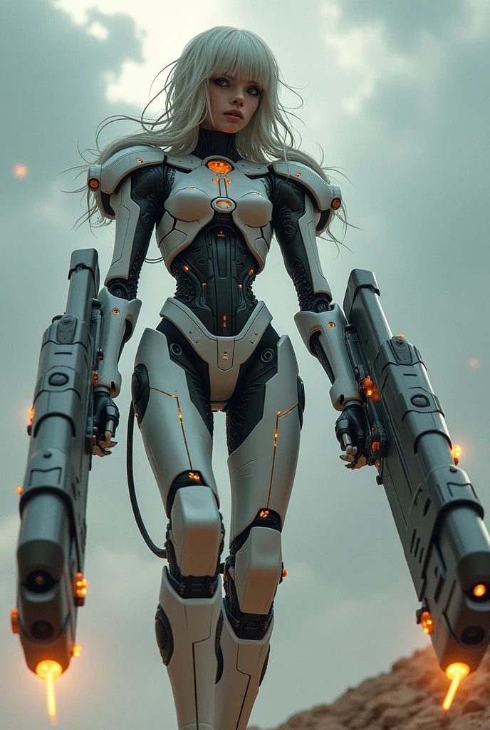 8K, Best Quality, Masterpiece, Ultra High Resolution, (Realism: 1.4), Girl Futuristic Battle Suit, Green Pupils, standing on battlefield filled with ruined mecha, storm Clouds, Lightning, raining, Real Woman, Cleavage, Real Face, Cute Girl, Perfect Cyborg Girl, Wearing Sci-Fi Headphones, Beautiful Female , Beautiful Girl Cyborg, Silver Hair, full body, cinematic lighting, dark shadows