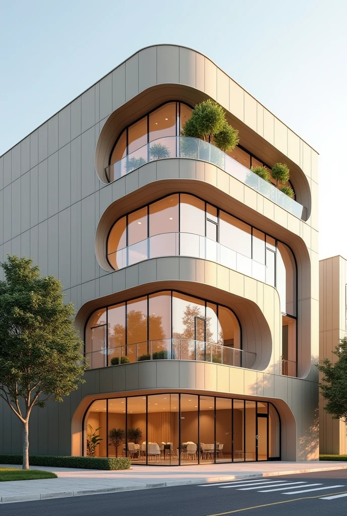 Create an office-style building that has three floors and is L-shaped.. The door should be glass up to the ceiling and the facade should be beige.