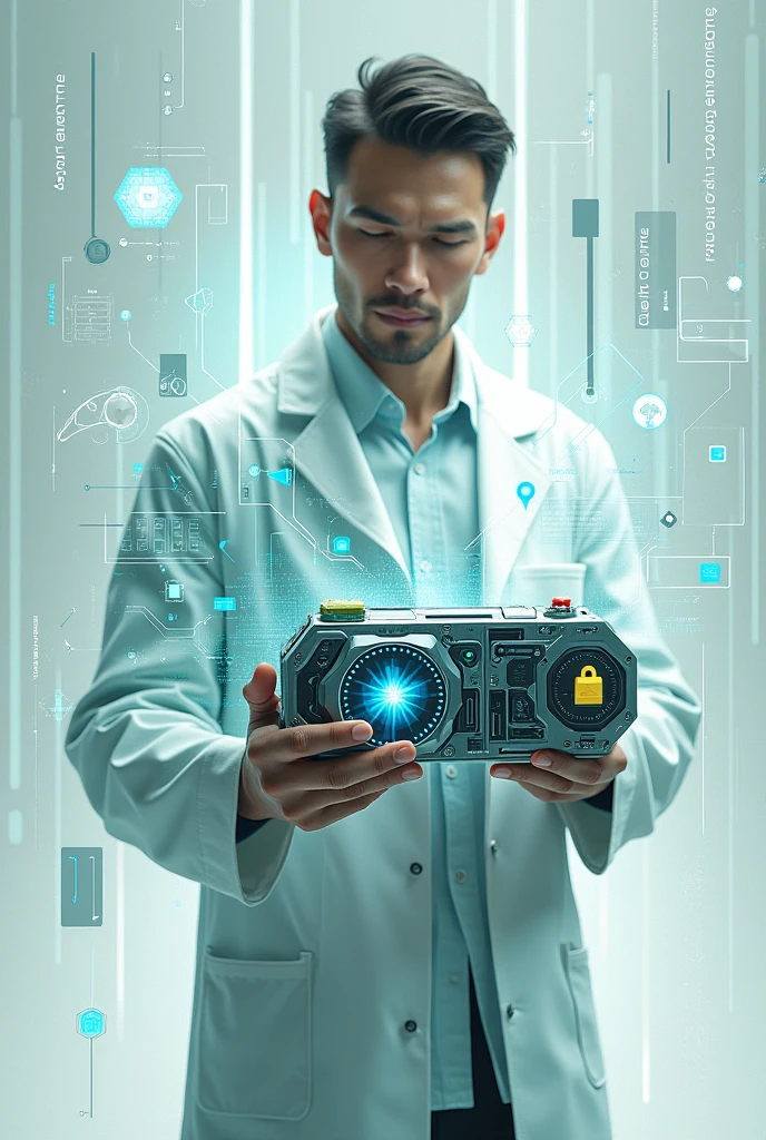 A central image of a scientist holding a futuristic multi-tool, which represents AI, with several visible functions (such as a magnifying glass, Balance, padlock, etc.)
Technology elements such as circuits and data floating around the central character.
Use of modern and contrasting colors to highlight the importance of messages, with a clean and futuristic aesthetic
