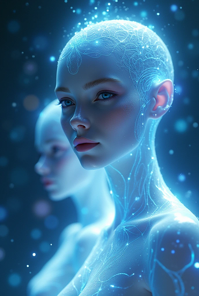 create a representation of the Arcturian extraterrestrial beings, that possess healing power and are beings considered celestial or of light, Retrate some of them looking ahead, as in a first peaceful contact with Earth, they must be endowed with great diplomacy and intelligence, must be tall beings, with soft blue toned skin and large beautiful eyes