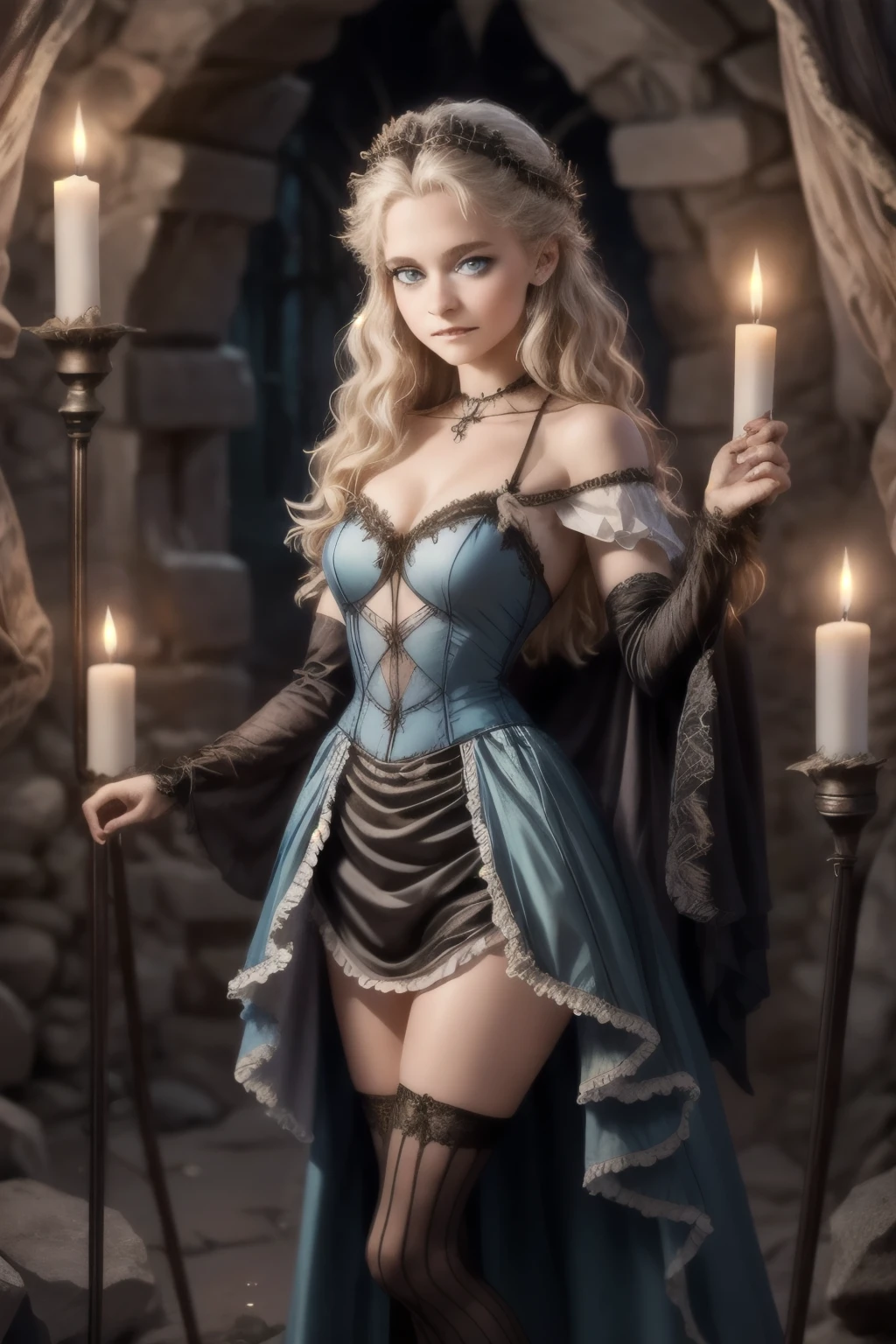 illustration of 15 years old Virginia Otis blonde hair blue eyes youngest cute face, from the Canterville Ghost, furtively observing a group of followers of the Goddess Freia who are celebrating a forbidden ritual inside a mysterious cave. We are sure that only a talented artist like you will be able to capture the essence of this magical and mysterious encounter. Your drawing will be fundamental for the creation of a unique publication, which combines the gothic atmosphere and the charm of the supernatural. Remember to add evocative details, such as candle flames dancing in the dark, shadows moving ominously along the rock walls, and Virgin Otis' claws clinging to the stone. Highlight the aura of mystery and emotion that this forbidden encounter evokes.