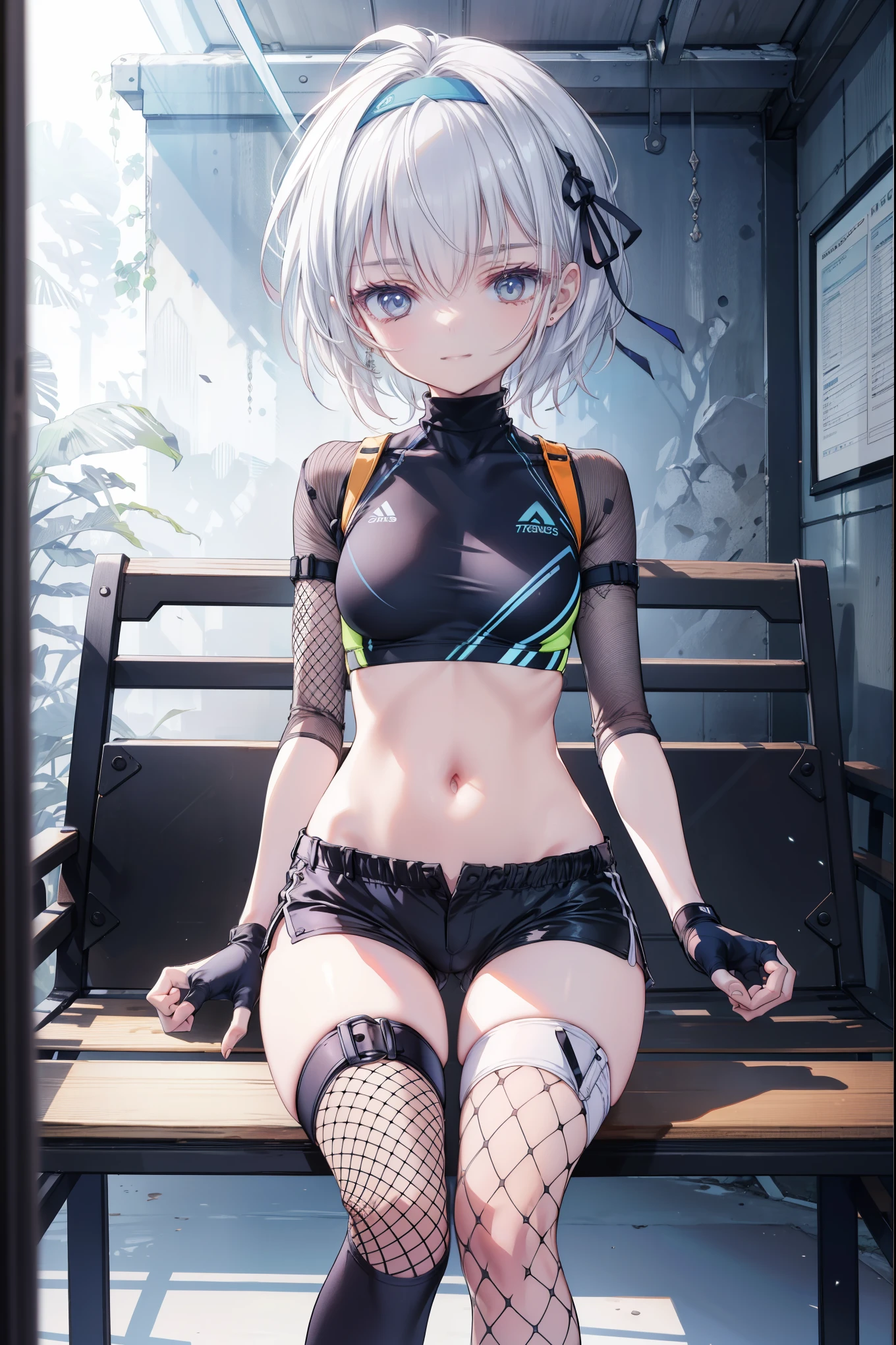 ,Haircuts, pixie cut,
壊す crop top, fingerless gloves, fishnet Thighhighs, fishnet, forehead protector, gloves, head band, belly button, short shorts, shorts, single sleeve, single thigh high, No sleeve, No sleeve turtleneck, Thighhighs, turtleneck,
bench、blue sky、smile, solo,rising_leg,solo