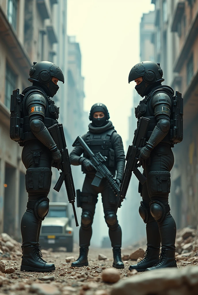two very well equipped girl soldiers pointing their guns at a very well equipped boy soldier in an abandoned city, all with