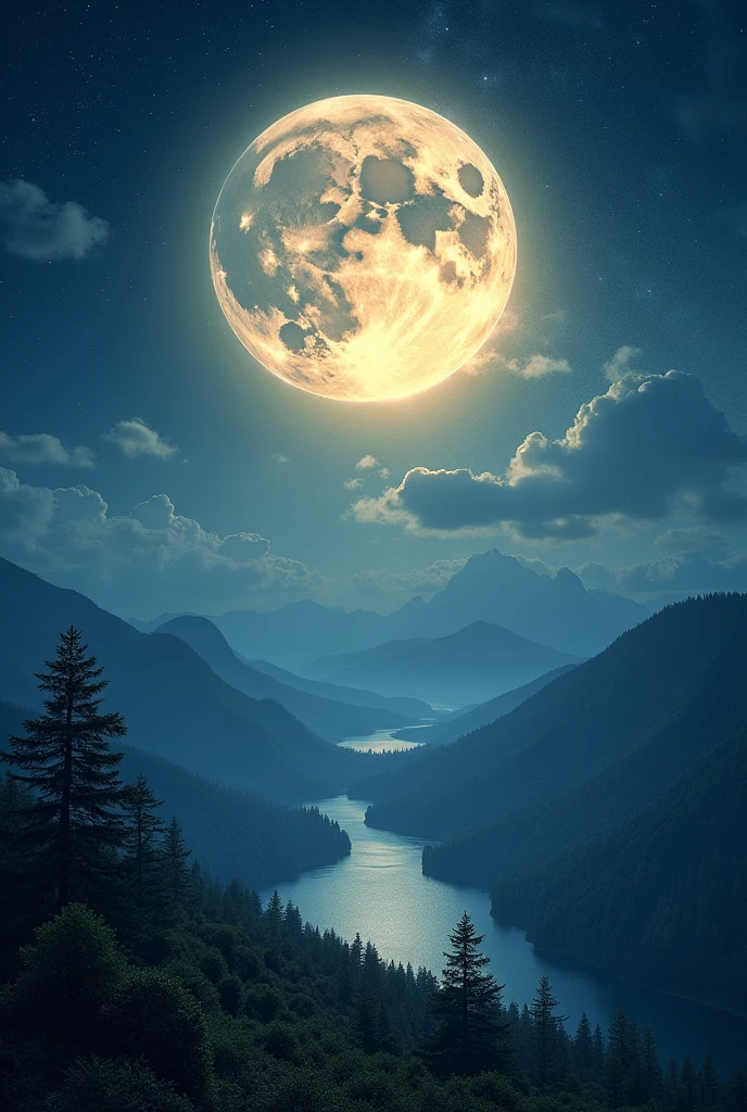 Create for me a full moon with a beautiful starry sky and a landscape under the moon a bigger moon the most beautiful moon and the landscape too