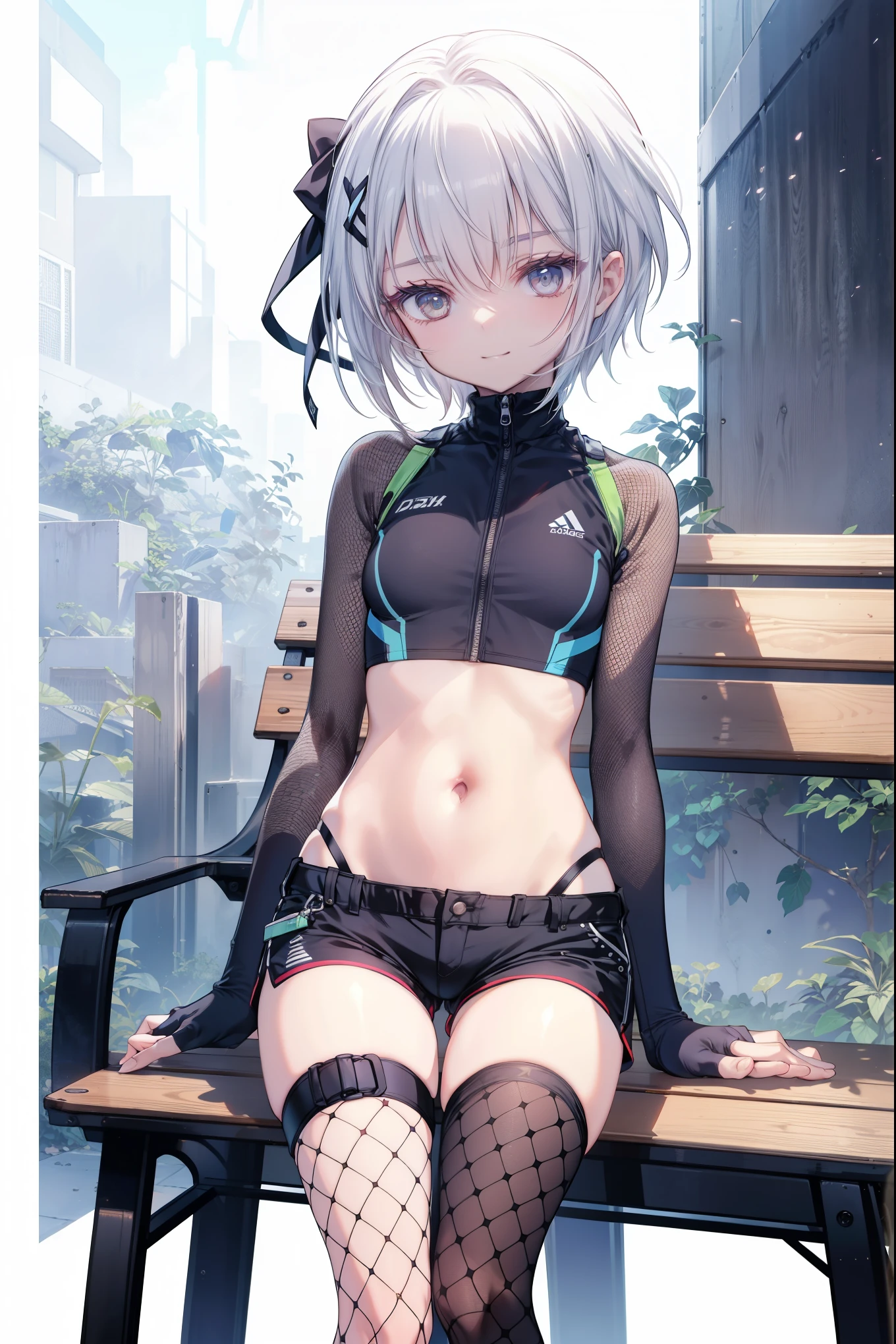 ,Haircuts, pixie cut,
壊す crop top, fingerless gloves, fishnet Thighhighs, fishnet, forehead protector, gloves, head band, belly button, short shorts, shorts, single sleeve, single thigh high, No sleeve, No sleeve turtleneck, Thighhighs, turtleneck,
bench、blue sky、smile, solo,rising_leg,solo