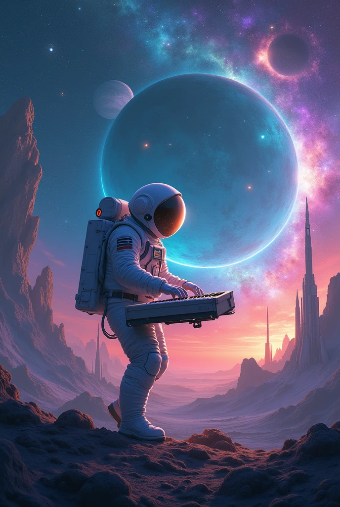 Astronaut, musician, musical keyboard, Planets, rockets, space, planetary views, Playing music on the planet