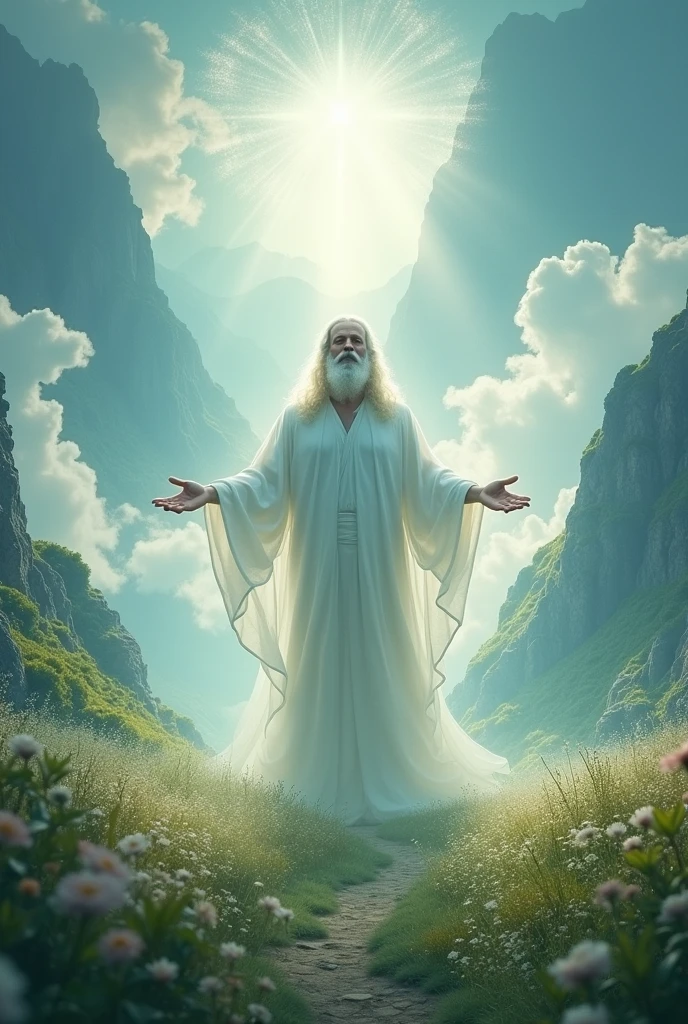 Create an image of God with a landscape transmitting peace
