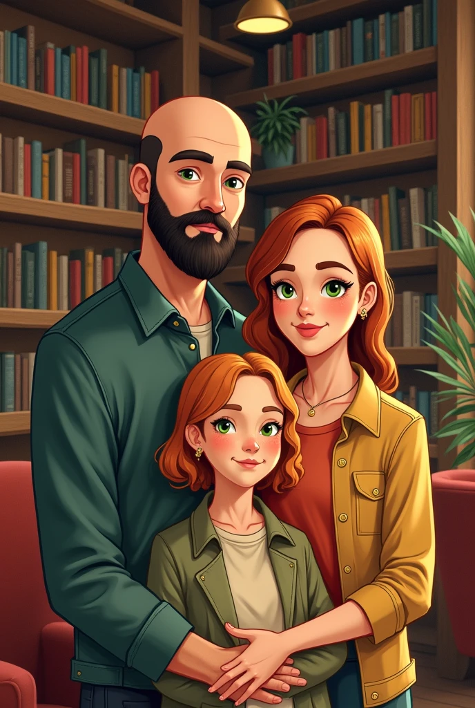 Family with the following characteristics:
Father: 39-year-old white man, bald, black beard and green eyes;
Mother: 38-year-old white woman, green eyes with copper-brown hair, straight and without bangs, parted in the middle;
Daughter: 18-year-old white woman, green eyes, blonde curly hair down to her shoulders:
2D illustration with bookstore background