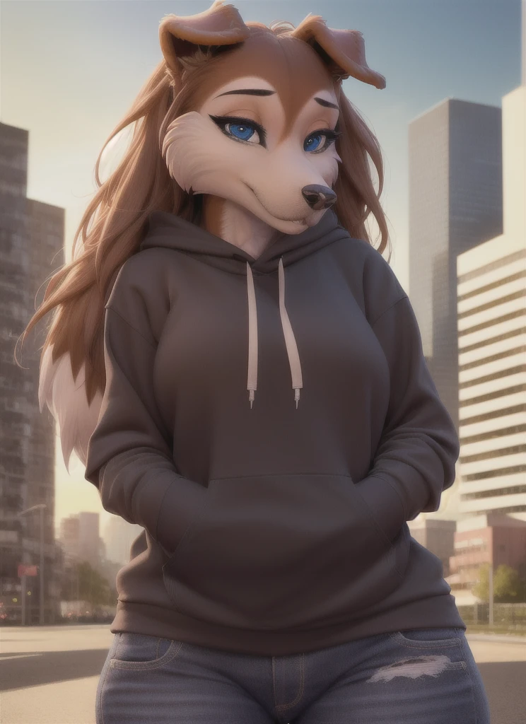 colleen, furry female anthro, dog girl, portrait, close-up, long hair,  (hoodie:1.2),  fur trim, solo, (body fur:1.2), (best quality), (detailed urban background:1.2), dramatic lighting, (detailed fluffy fur:1.1), looking at viewer,  medium breasts, 