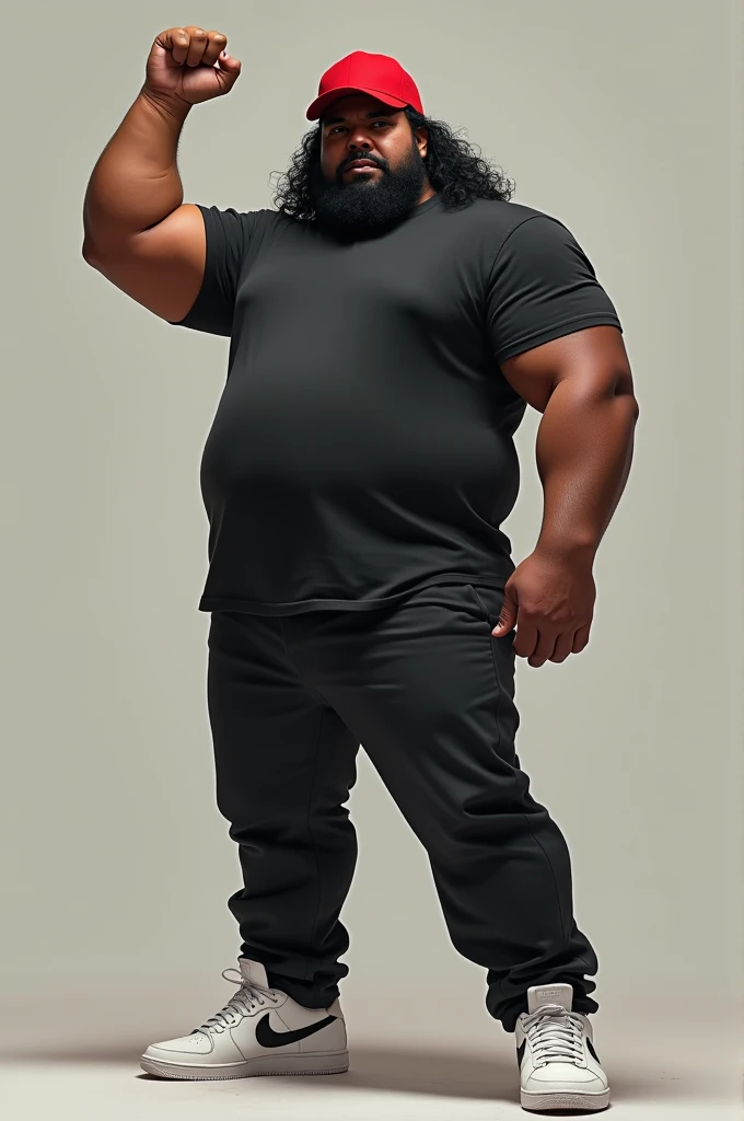 Draw me a picture of a fat, stocky man with long hair from Indonesia, Javanese ethnicity, wearing a plain black t-shirt, wearing black pants and white Nike shoes,wearing a red baseball cap,posing while raising his hand giving a metal salute