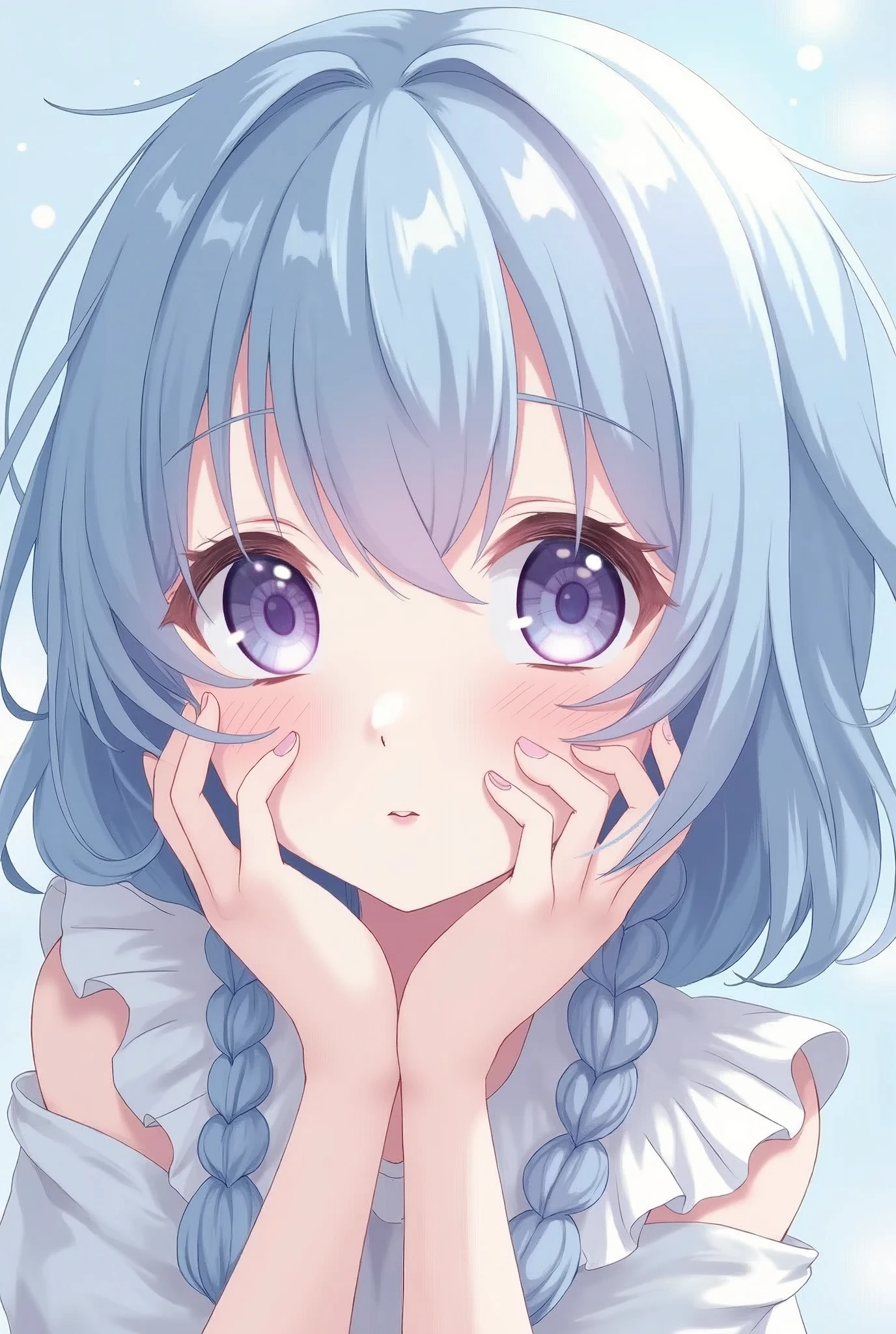 light lilac thinking anime eyes, hair light blue.