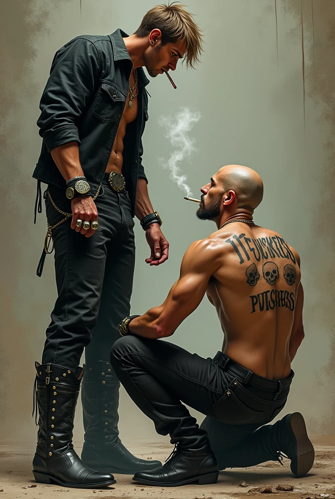 light brown haired man with green eyes, with penetrating gaze, he's wearing black cowboy boots with metal studs, black leather pants and jacket standing stroking the head of another younger man with a shaved head, he's kneeling and not wearing a shirt and has a tattoo on his back that says "RIPFUCKERSS".
The man standing is wearing a metal chain and skull rings on one finger.. Both are smoking and looking at each other