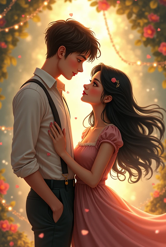 fantasy couple, young brown-haired man wearing suspenders and a young woman with black hair 