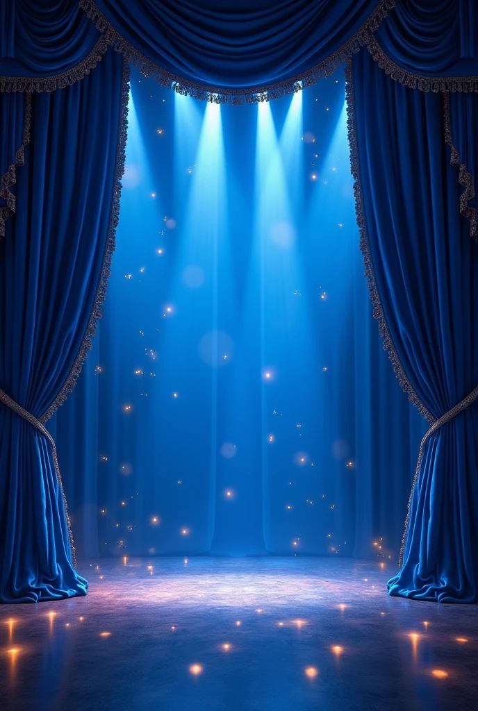 theater with blue curtain, magic lights, many bright spotlights