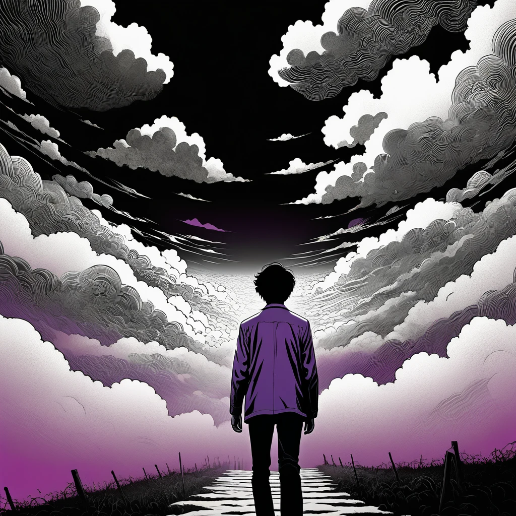 man walking on clouds, camera from behind, (anime), bizarre scenario, Junji Ito, Yusuke Murata, black and white, 8k, anime, horror, An illustration、art、80s Thai horror movie poster, Supervised by Junji Ito、High detail, Realistic shadows、Analog style, vhs style, 8mm film, chromatic aberration, Dvd screengrab、Blue-purple and red-purple gradation、Surrealism