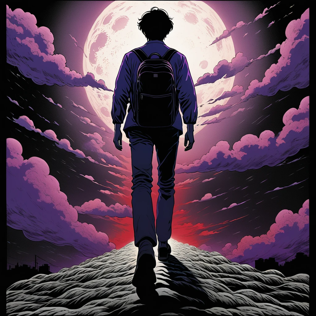 man walking on clouds, camera from behind, (anime), bizarre scenario, Junji Ito, Yusuke Murata, black and white, 8k, anime, horror, An illustration、art、80s Thai horror movie poster, Supervised by Junji Ito、High detail, Realistic shadows、og style, vhs style, 8mm film, chromatic aberration, Dvd screengrab、Blue-purple and red-purple gradation、Surrealism